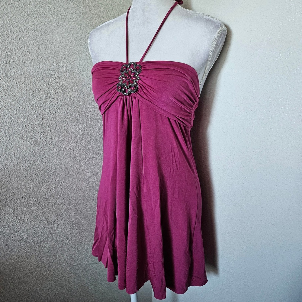 Forever 21 Magenta Jeweled Halter Top Ruched Bust Babydoll